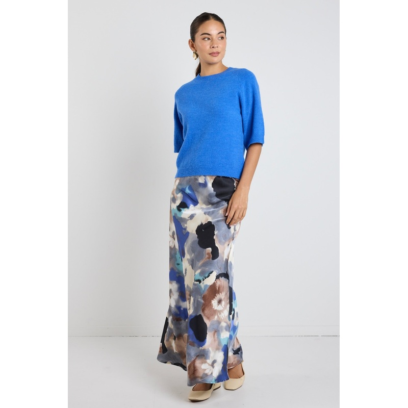 Frantic Navy Multi Watercolour Satin Bias Maxi Skirt