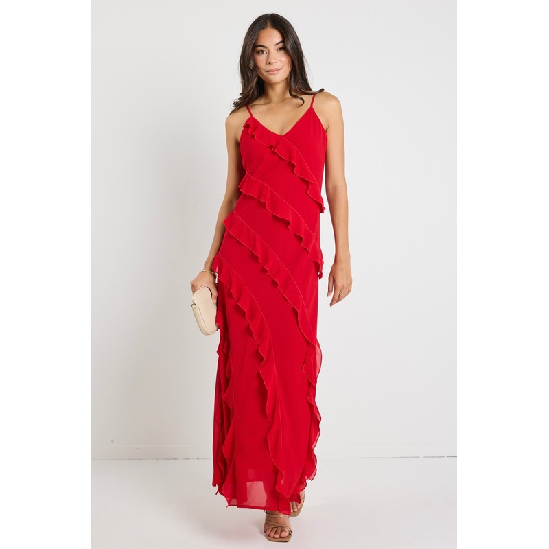 Galore Flame Bias Ruffle Slip Maxi Dress