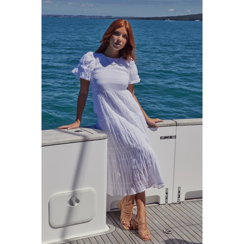 Graceful White Shirred Cotton Bubble Sleeve Tiered Maxi Dress