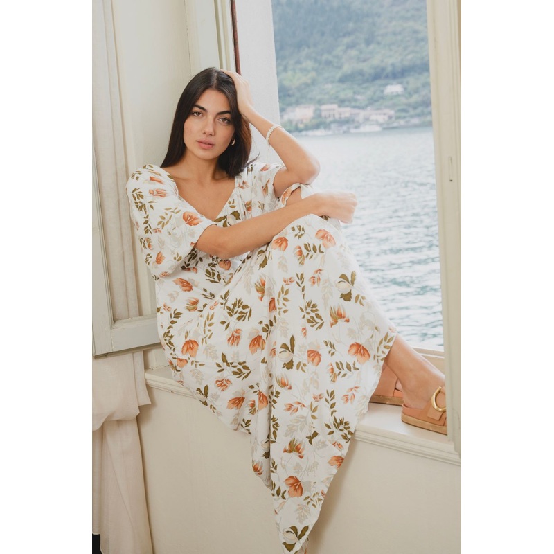 Heartfelt Ivory Floral SS Button Front Midi Dress