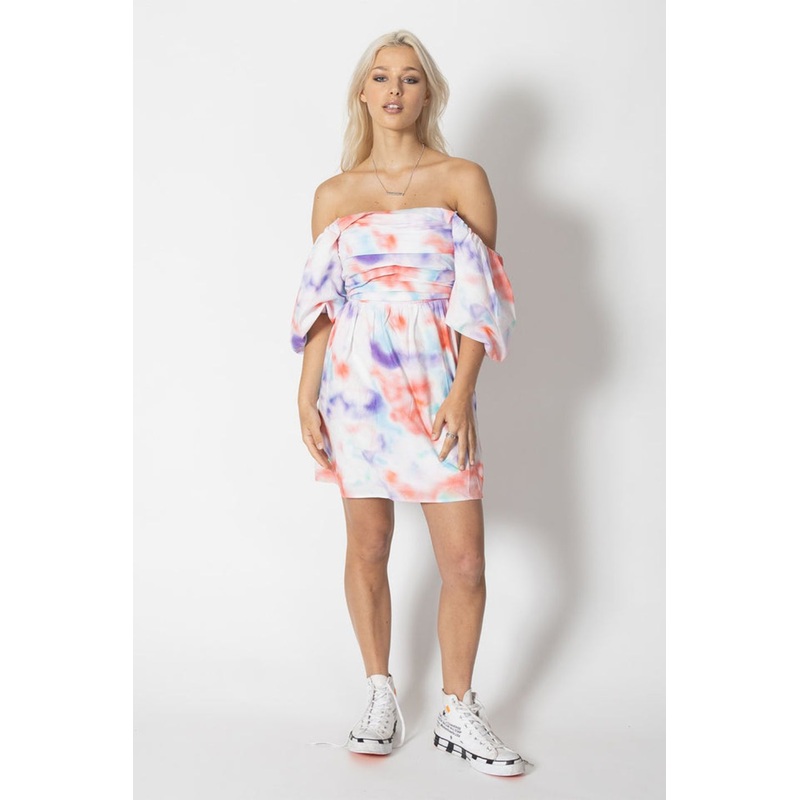 Hopeful White Tie Dye Pleated Bust Puff SS Mini Dress