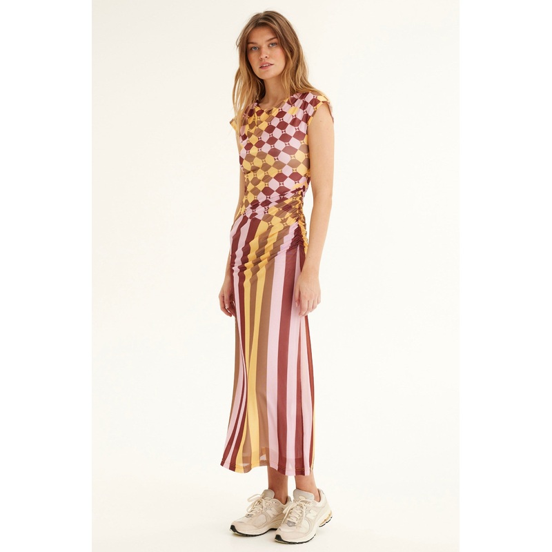 Ike Pink Stripe Check Midi Mesh Dress