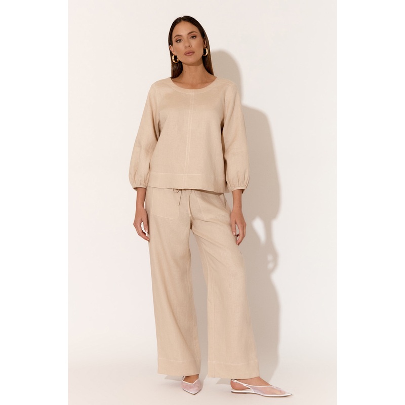 June Camel Contrast Stitch Linen Pant
