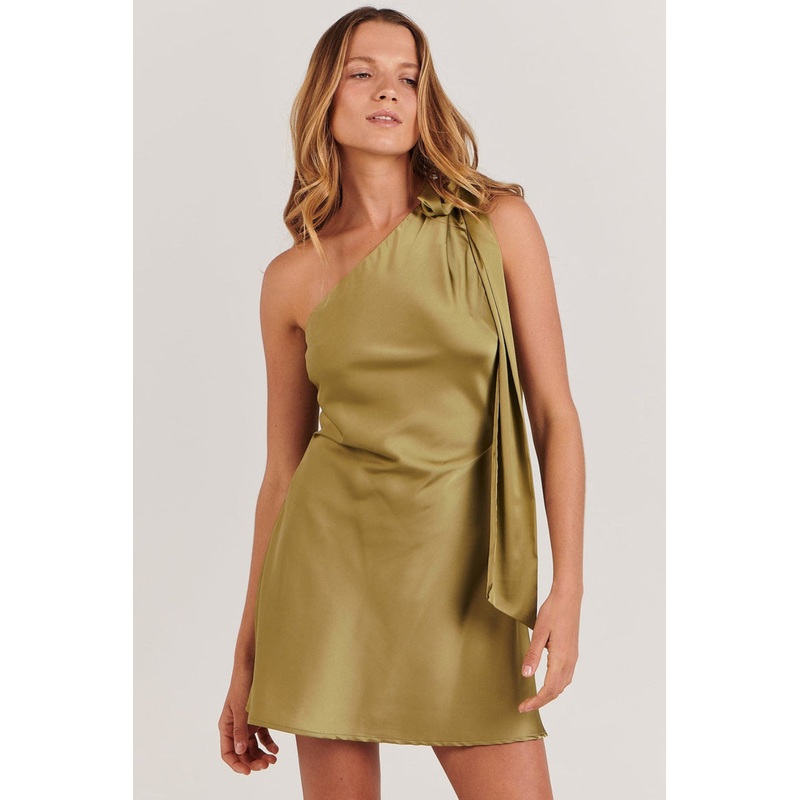 Leonie Khaki Satin One Shoulder Mini Dress