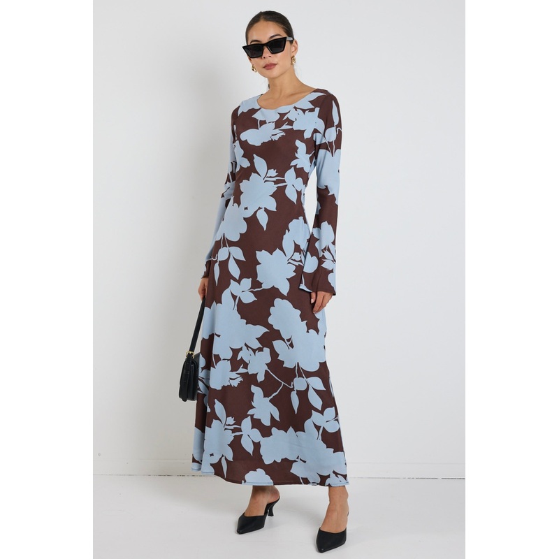 Luminous Brown Blue Floral Fluted Sleeve Bias Maxi Dress