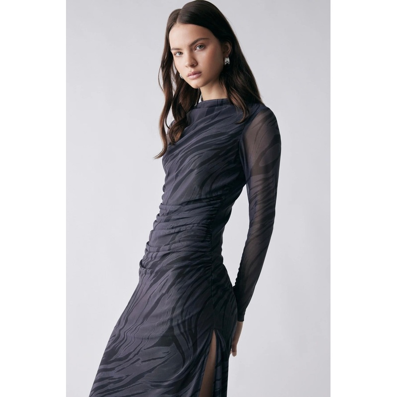 Marble Charcoal Print Mesh LS Midi Dress