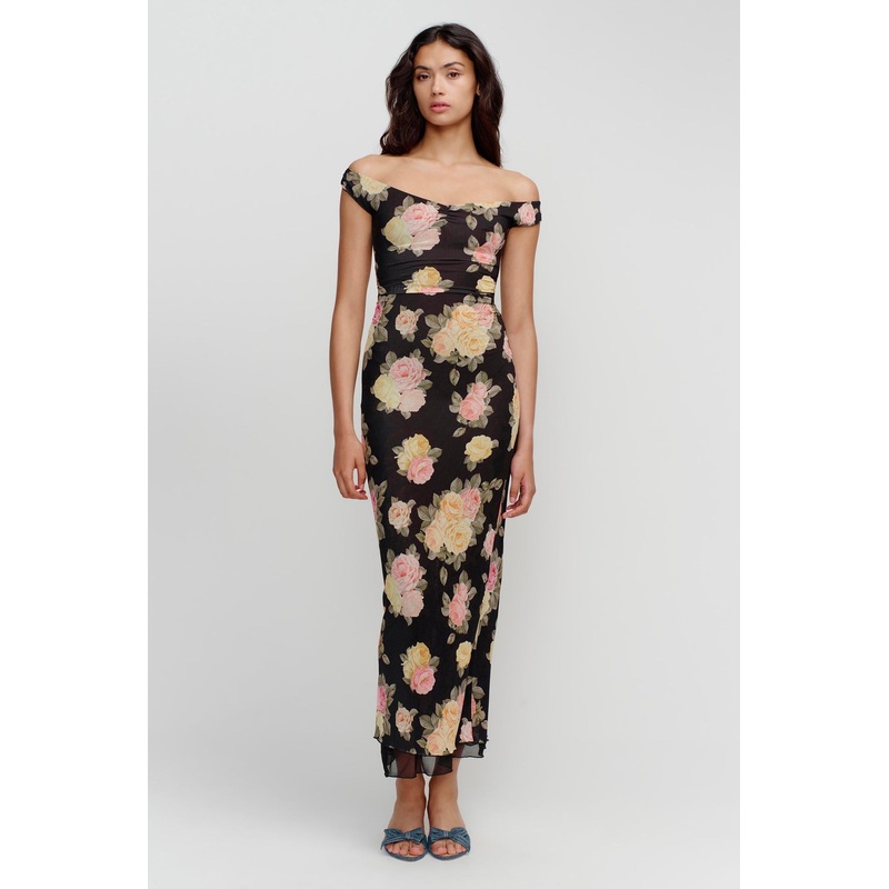 Marla Black Vintage Roses Micro Mesh Maxi Dress