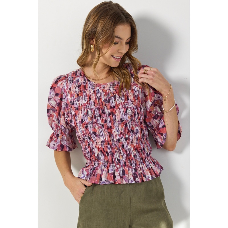 Melodic Lilac Meadows Shirred Body Short Sleeve Top