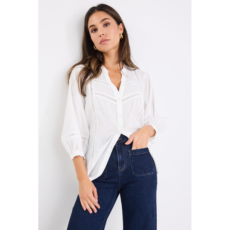 Ornamental White Lace Insert Pintuck SS Shirt