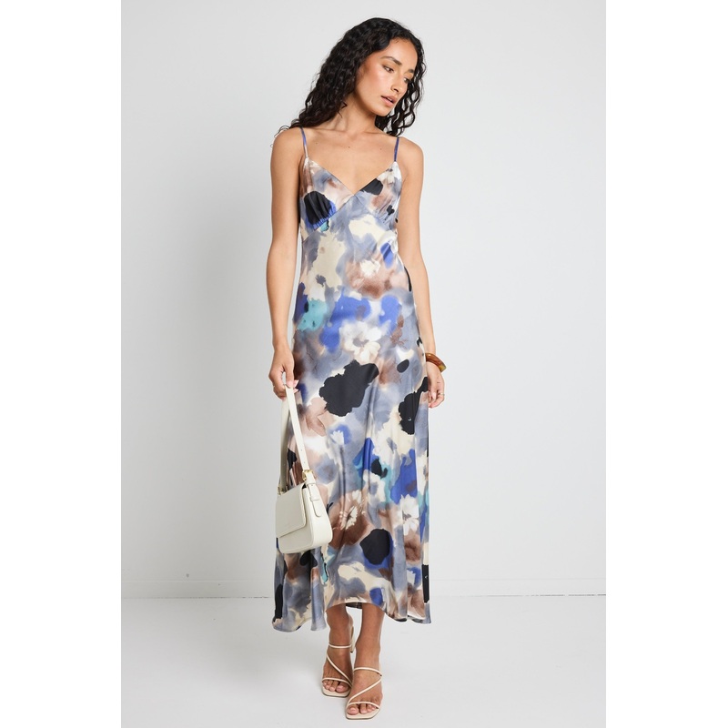 Otherworldly Navy Multi Watercolour Satin Bias Midi Slip Dress