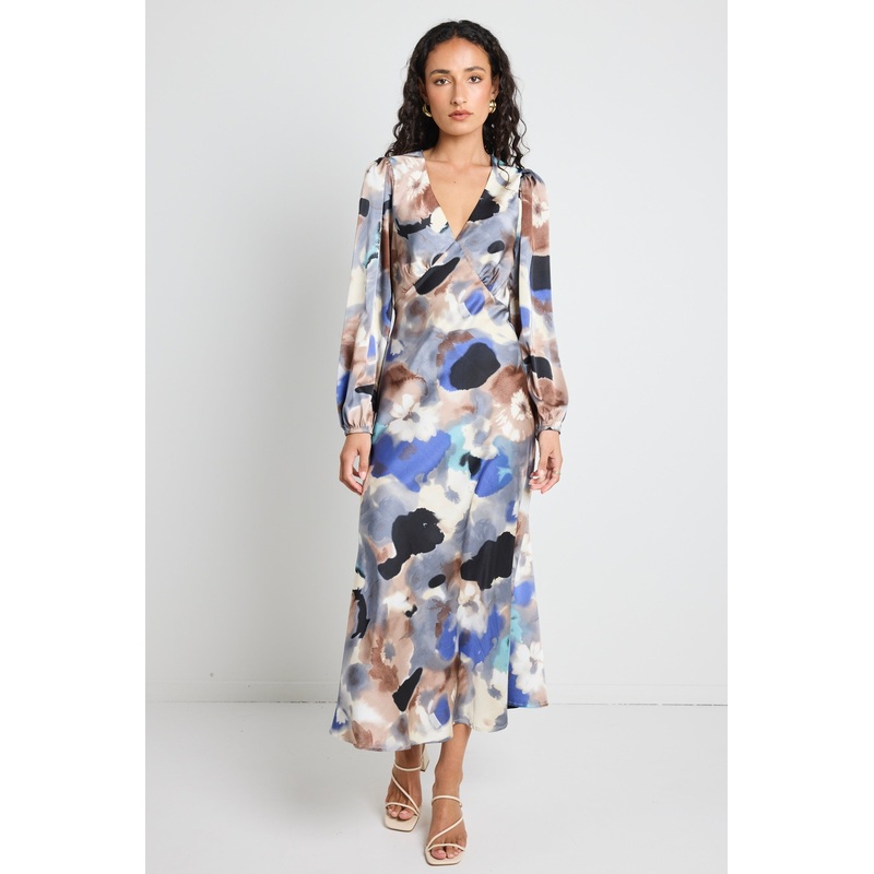 Phoenix Navy Multi Watercolour Satin Balloon Sleeve Midi Dress