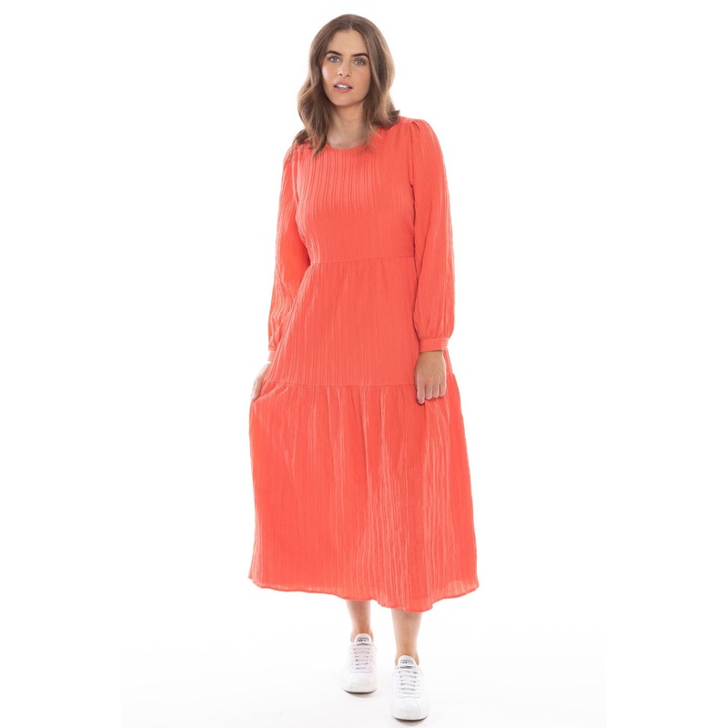 Prediction Tangerine Texture Tiered Midi LS Dress