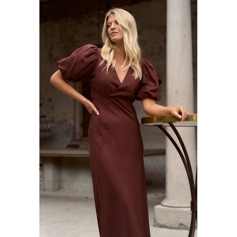 Preview Chocolate Puff Sleeve V Neck Bias Midi Dress