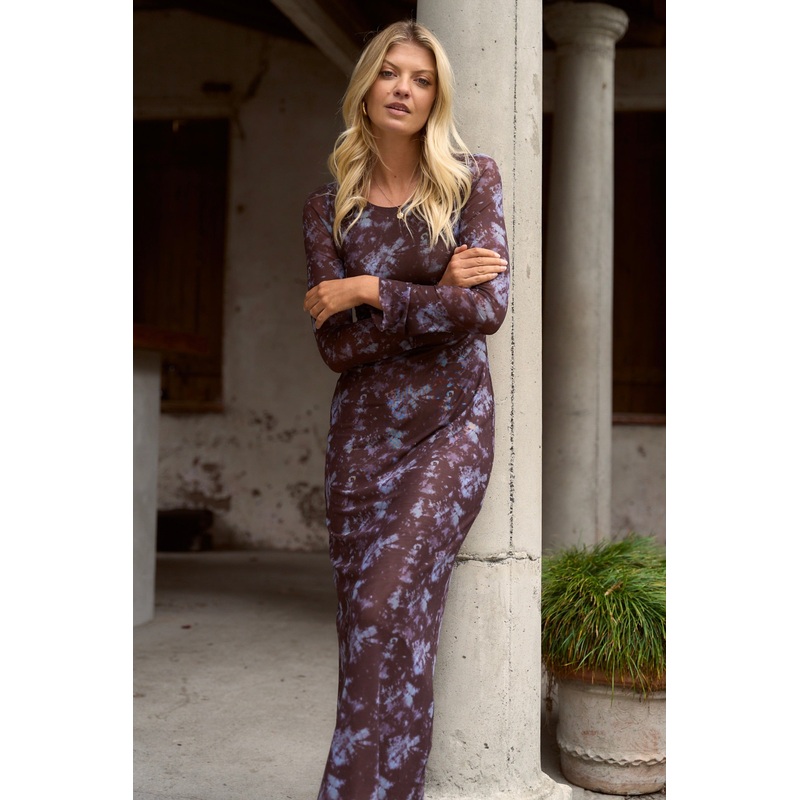 Promenade Chocolate Tie Dye Mesh Long Sleeve Midi Dress