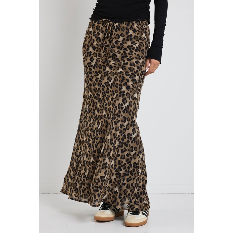 Rally Leopard Tie Waist Bias Maxi Skirt