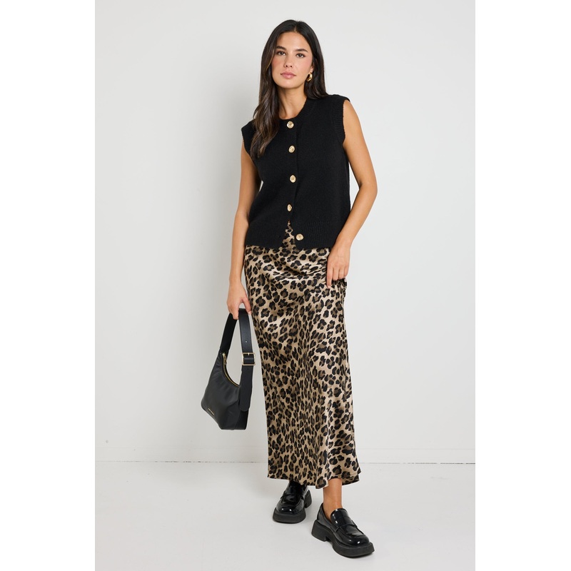 Record Leopard Satin Bias Maxi Skirt