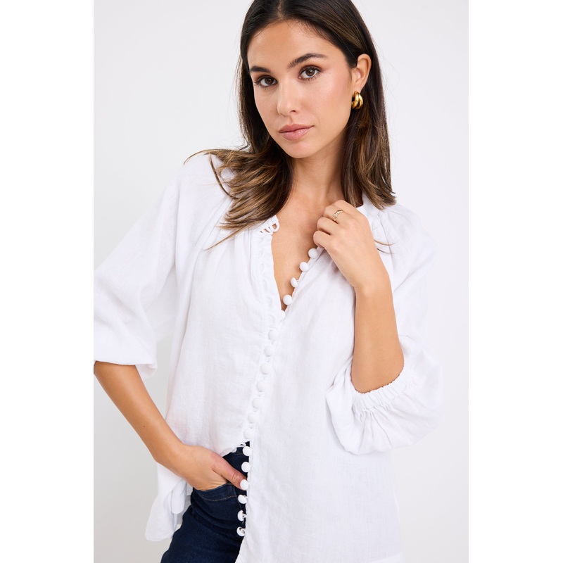 Restoration White Linen Button Front Mid Sleeve Blouse