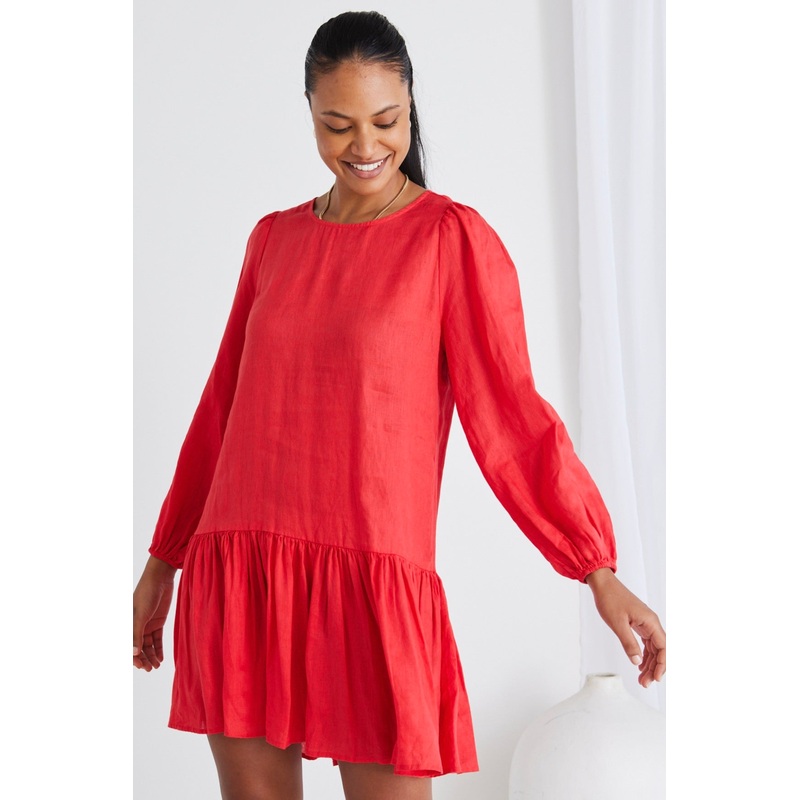 Rhea Coral Linen Drop Waist Smock Mini Dress