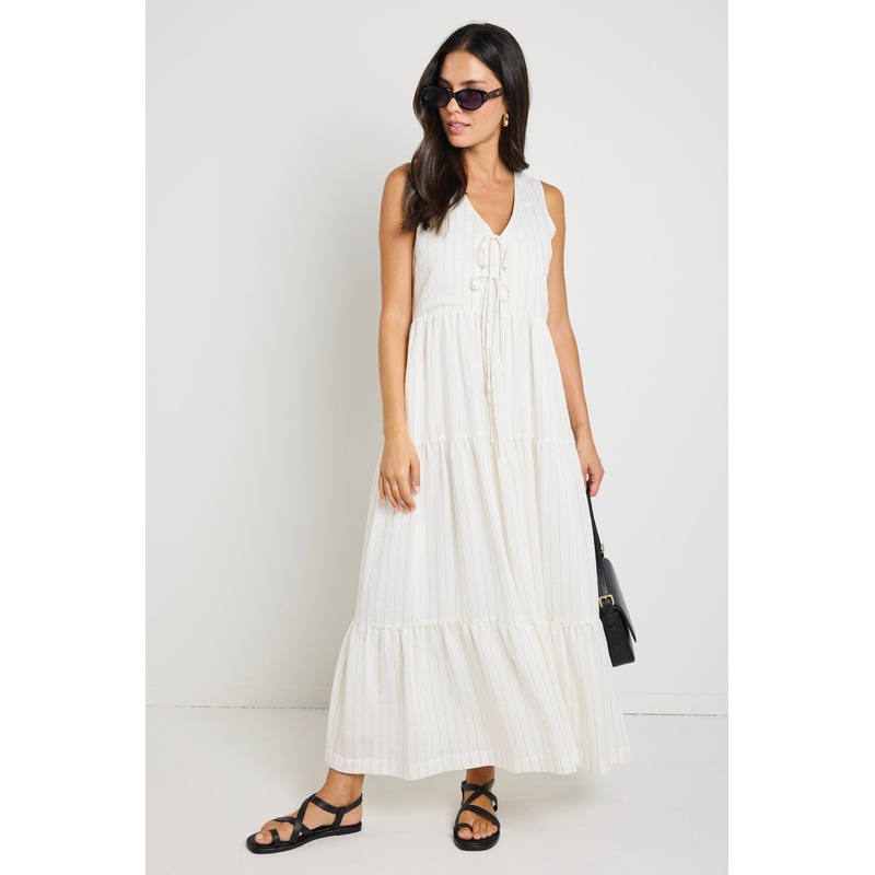 Scope Ivory Stripe Tiered Tie Front Midi Dress