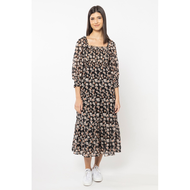 Soulful Orange Lily Shirred Bodice LS Tiered Midi Dress
