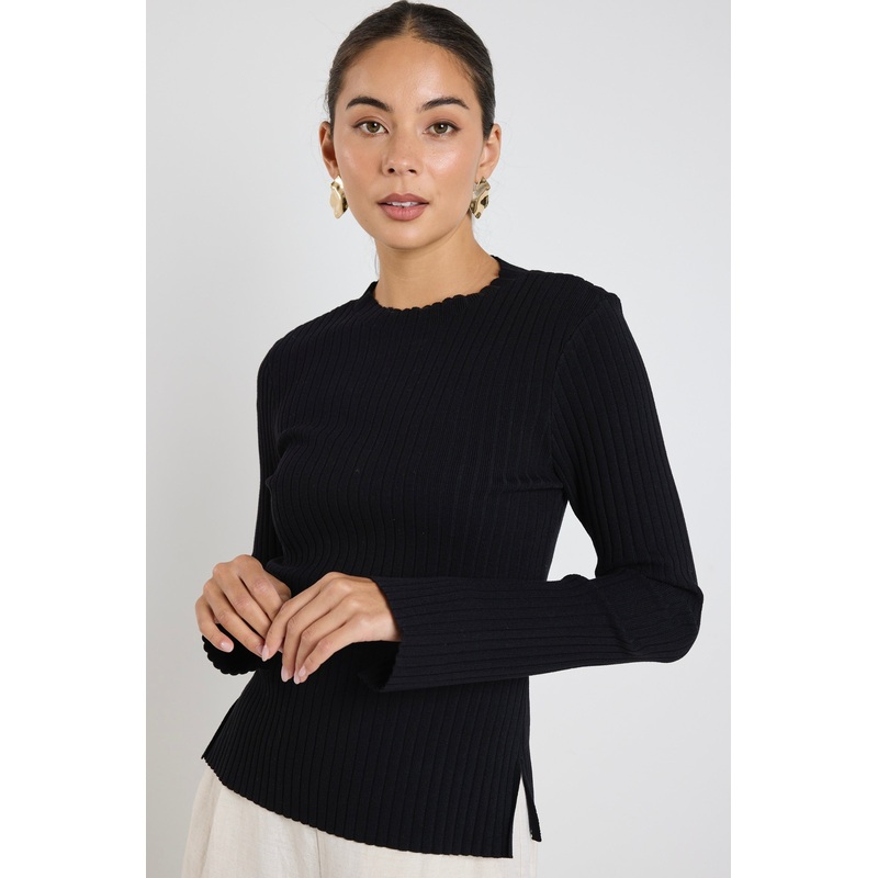 Stately Black LS Rib Funnel Neck Knit Top