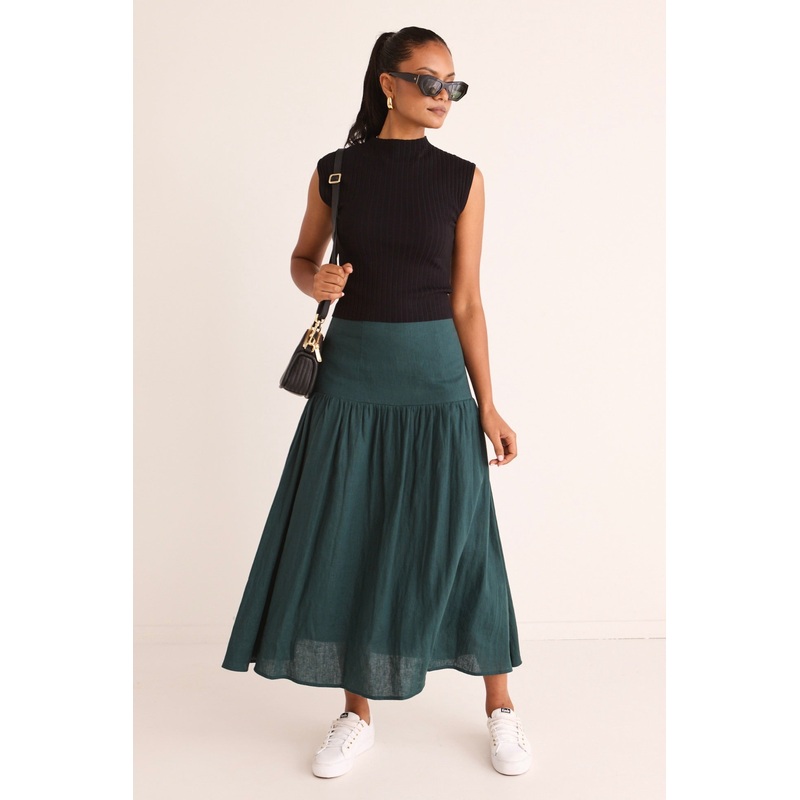 Sway Forest Linen Flat Basque Midi Skirt