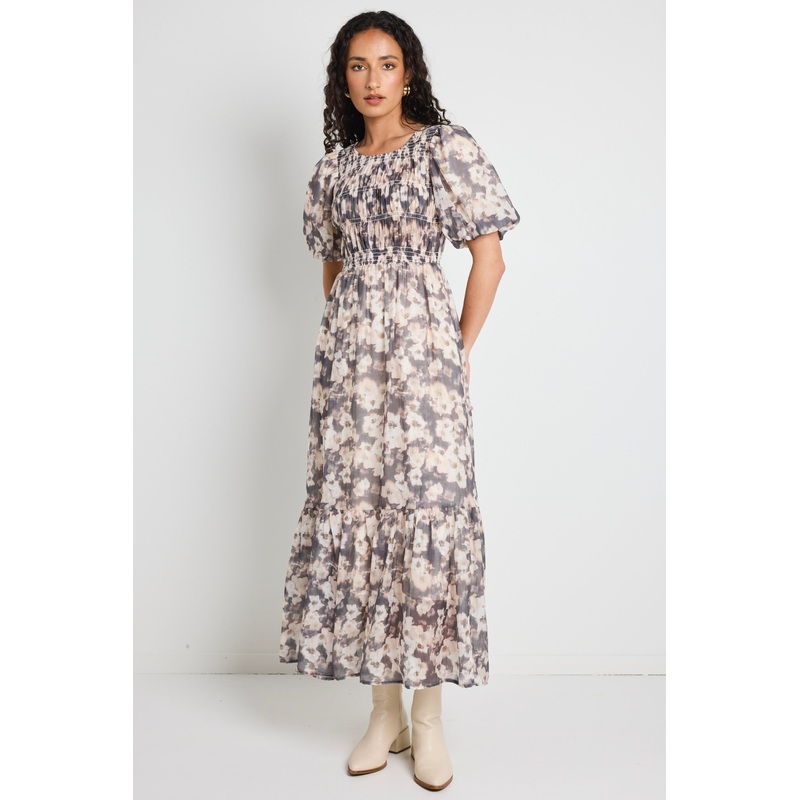 Vacancy Chocolate Floral Puff Sleeve Shirred Maxi Dress