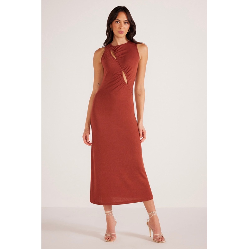 Vanessa Rust Ruched Midi Dress