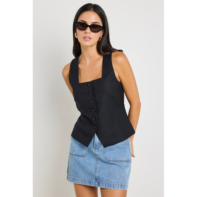 Viaduct Black Linen Viscose Sleeveless Vest Top