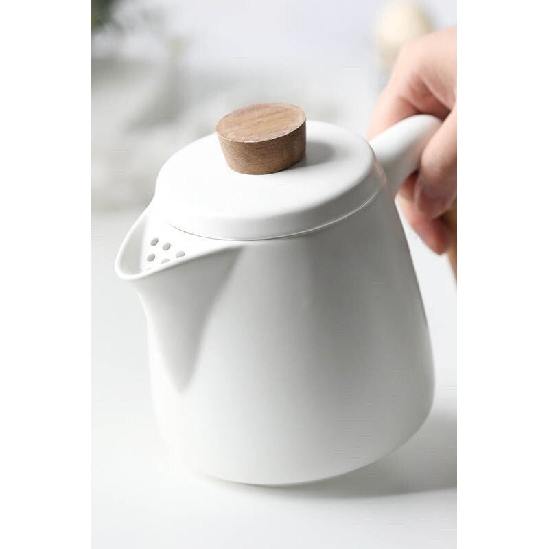 White with Wooden Handle Teapot