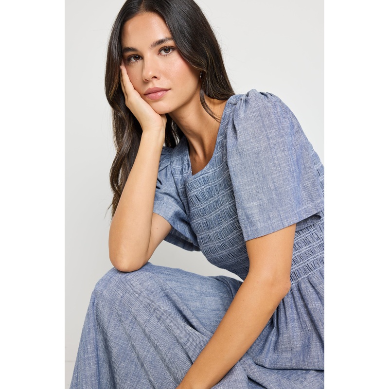 Wren Chambray Blue SS Shirred Bodice Midi Dress