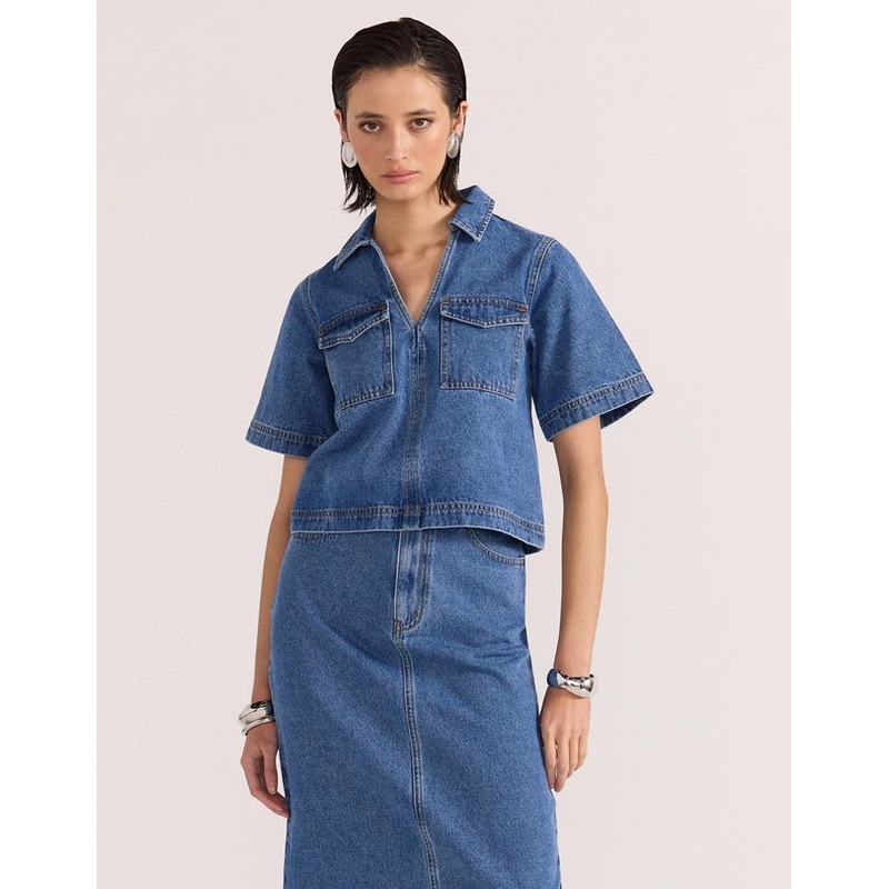 Alden Mid Blue Denim Crop SS Shirt
