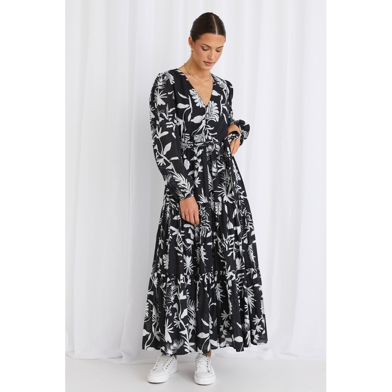 Aria Black & White LS V Neck Tiered Maxi Dress