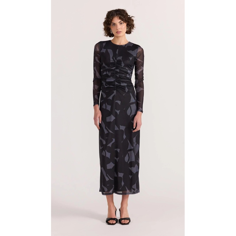 Aura Black Abstract Mesh LS Midi Dress