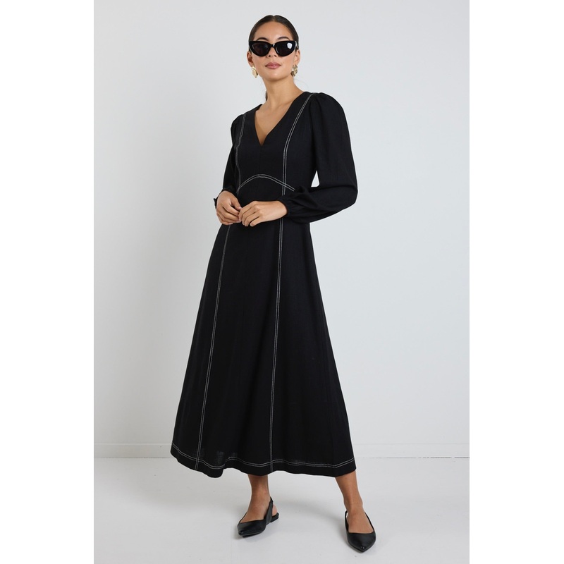Case Black LS Contrast Stitch Midi Dress