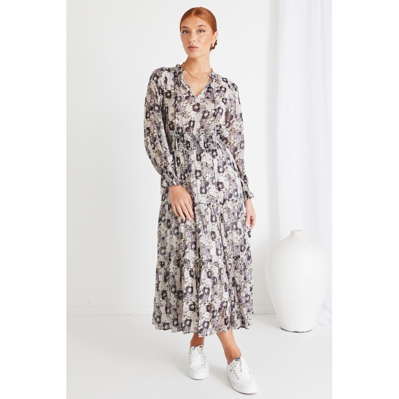 Charlie Lilac Garden LS V Neck Tiered Maxi Dress