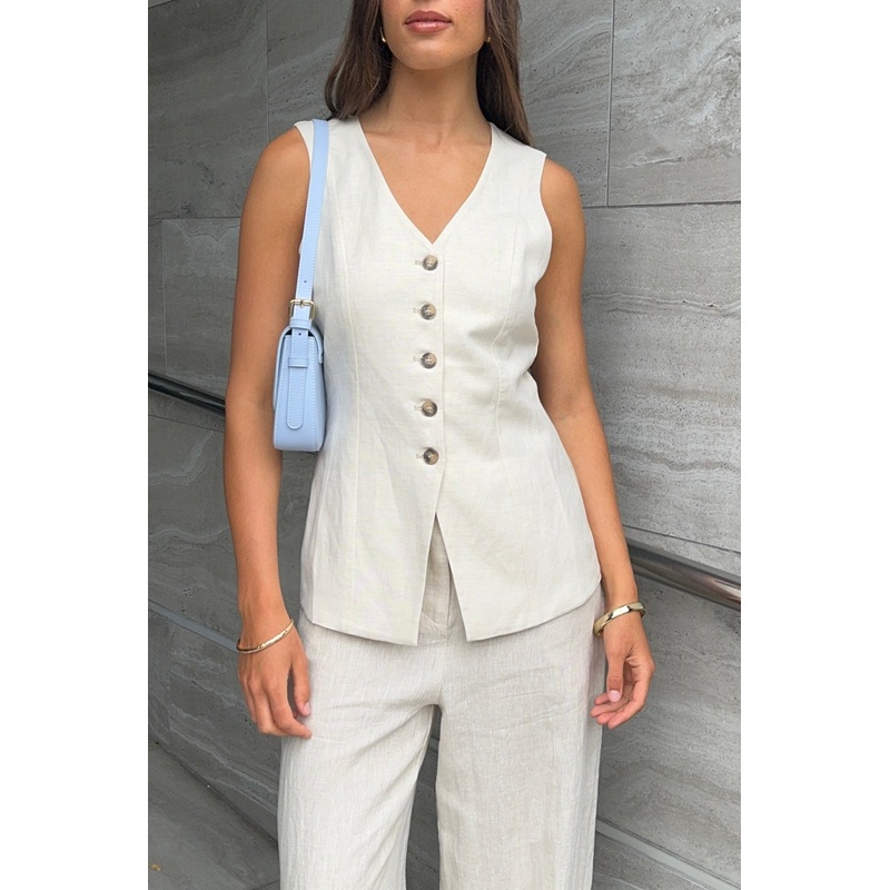 Eiffel Natural Linen Viscose Fitted Longline Vest
