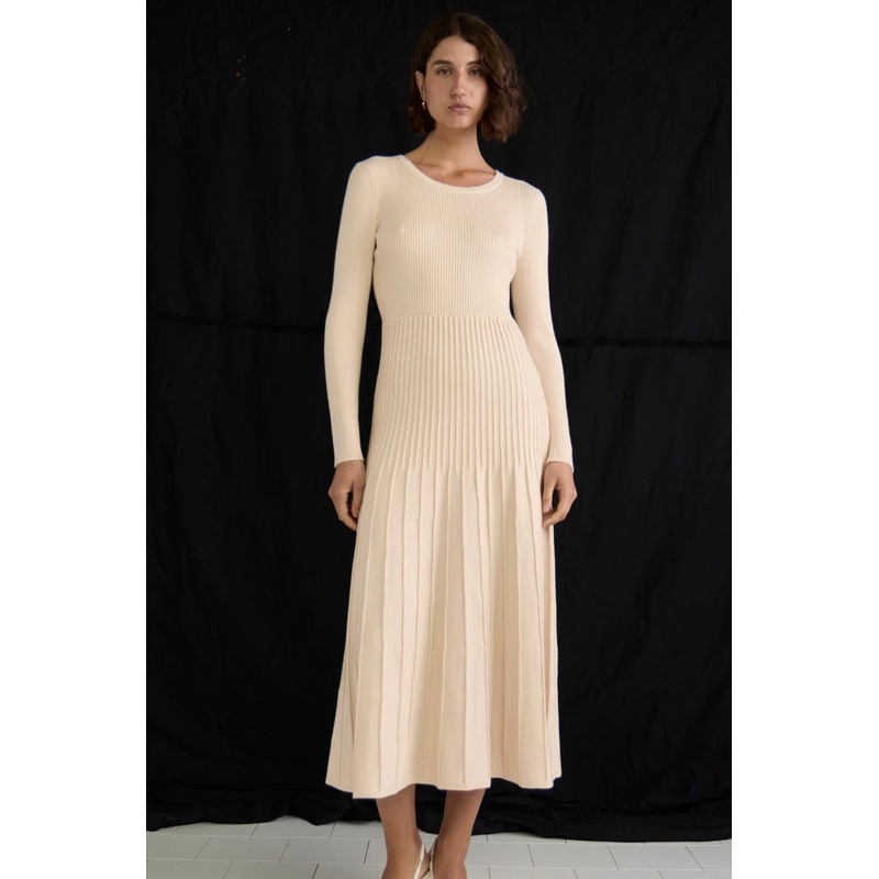 Elena Vanilla Rib Knit LS Midi Dress