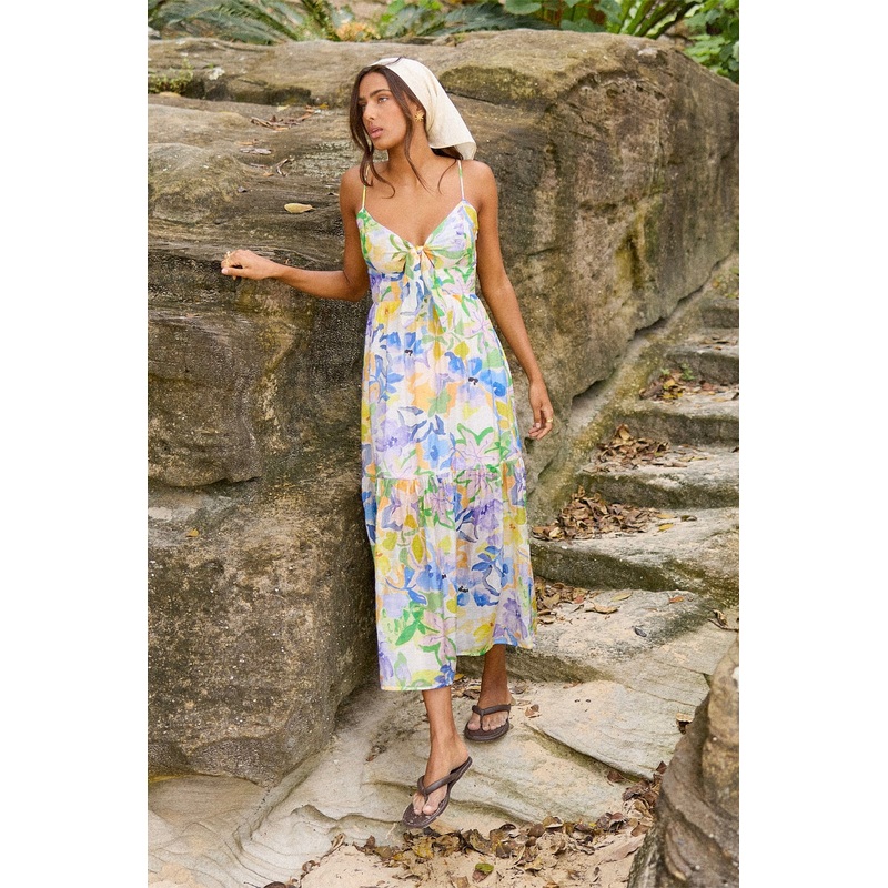 Fable Painterly Floral Tie Midi Dress