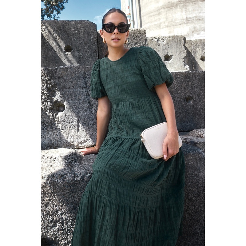 Graceful Forest Bubble Short Sleeve Tiered Maxi Dress