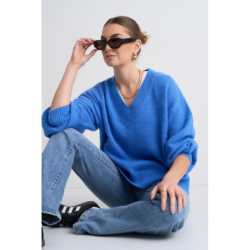 Harvest Azure Blue V Neck Knit Jumper
