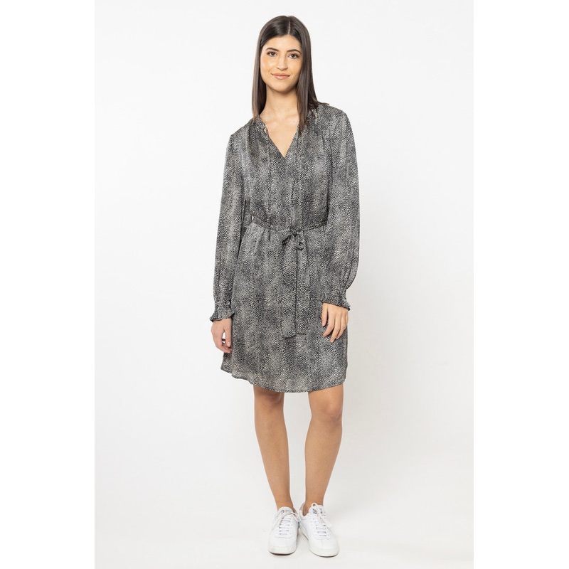 Honey Black Animal Satin Waisted LS Dress