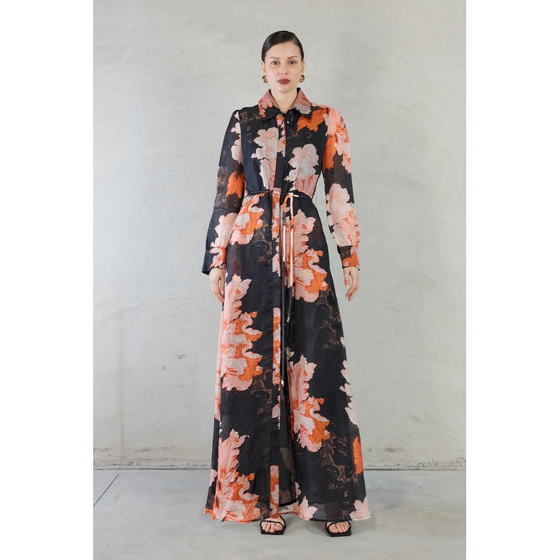 Isabella Black Floral Print Silk Linen LS Maxi Dress