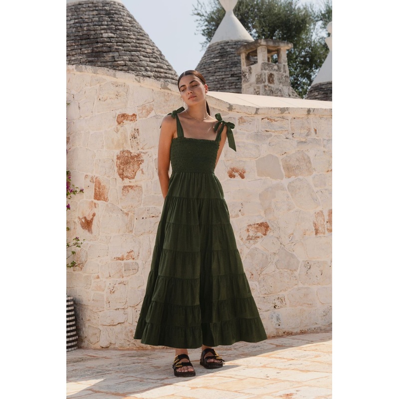 Isabella Khaki Cotton Poplin Strappy Tiered Maxi Dress