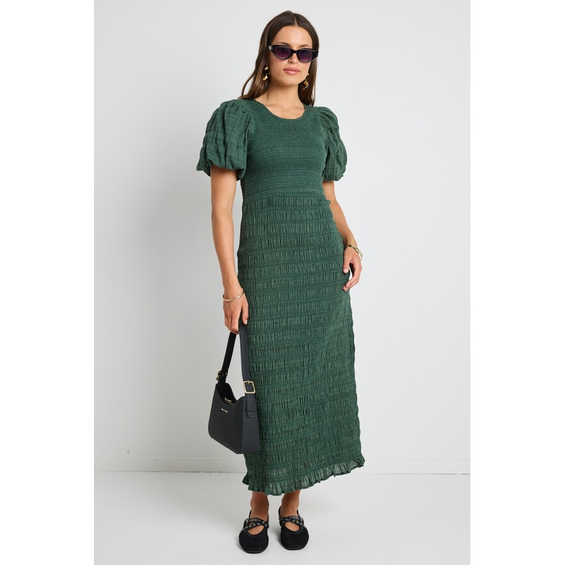 Jade Forest Shirred Cotton Puff Short Sleeve Ruched Maxi Dress