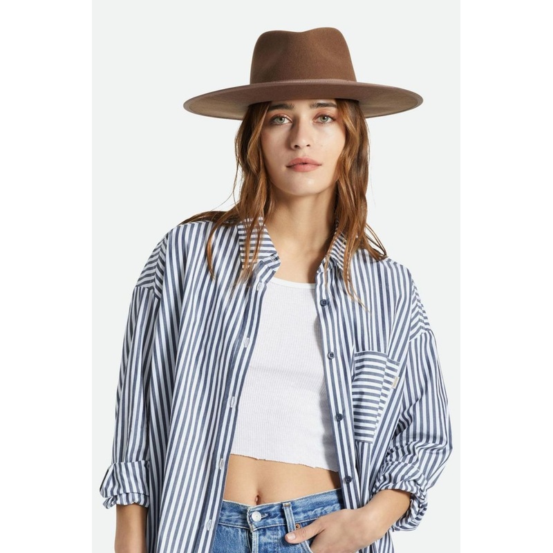 Jo Rancher Dark Tan Wide Brim Chocolate Band Wool Felt Fedora Hat