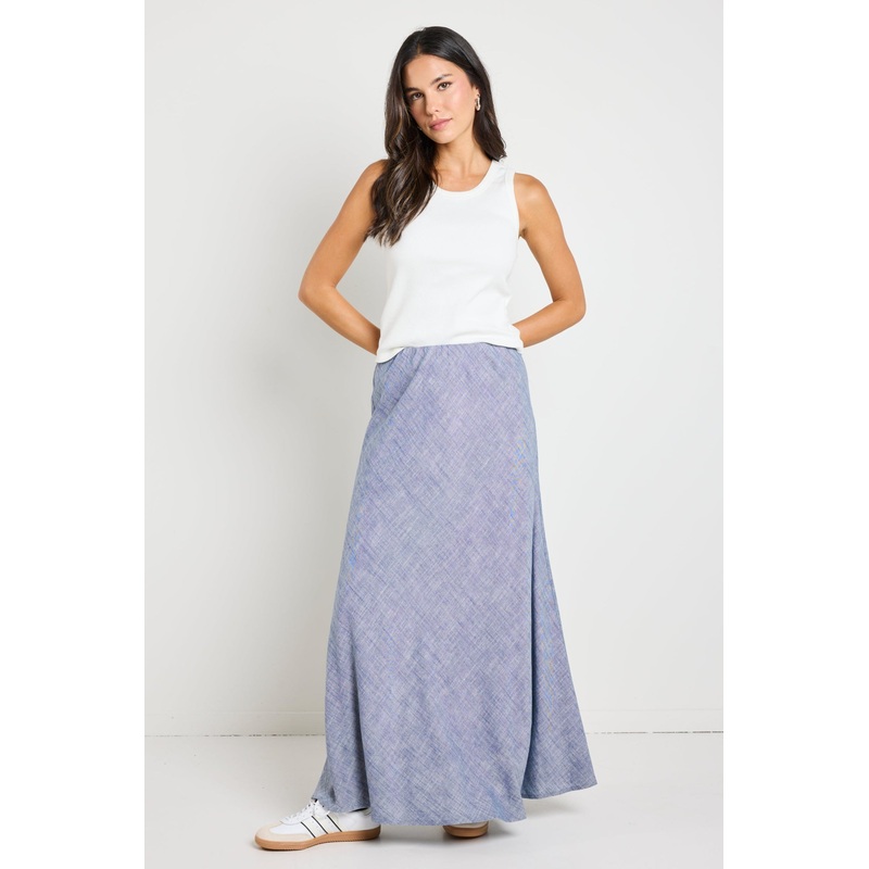 Lagos Chambray Blue Linen Blend Bias Cut Maxi Skirt