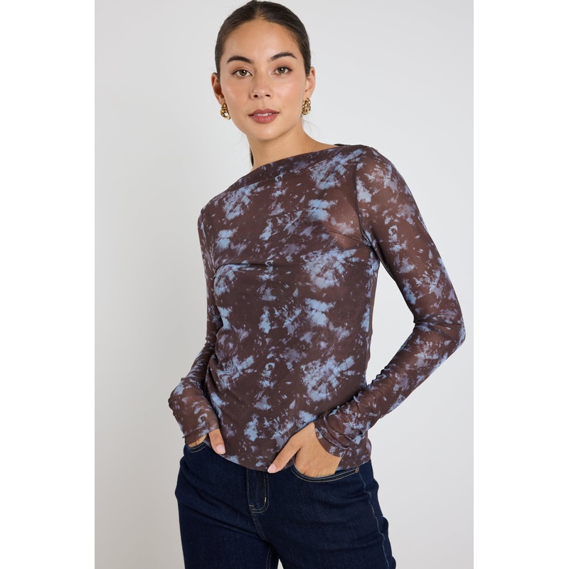 Light Chocolate Tie Dye Mesh Boatneck Top