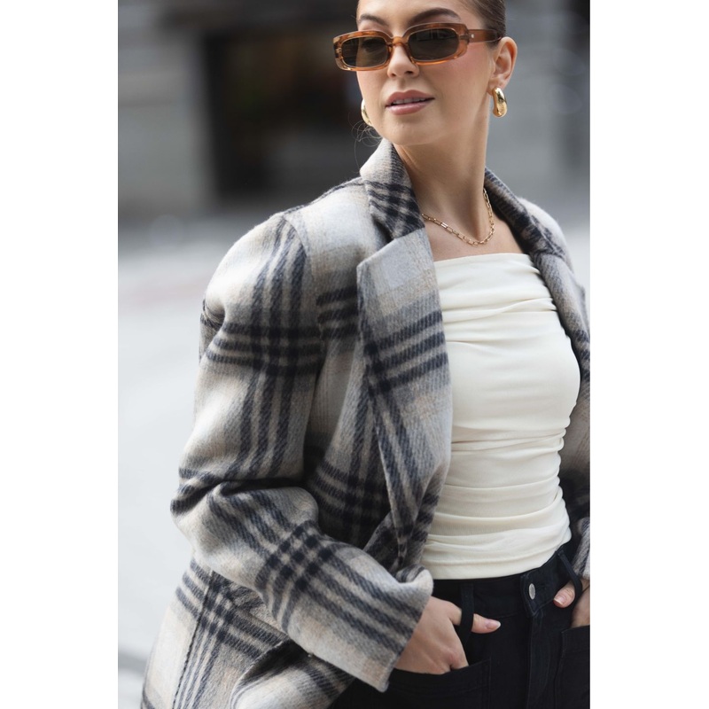 Marcella Grey Check Alpaca Wool Blend Coat