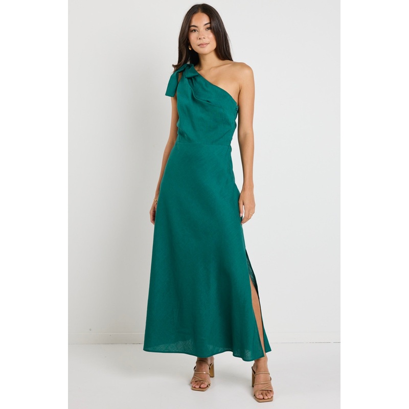 Mirror Forest Linen Blend One Shoulder Bow Midi Dress